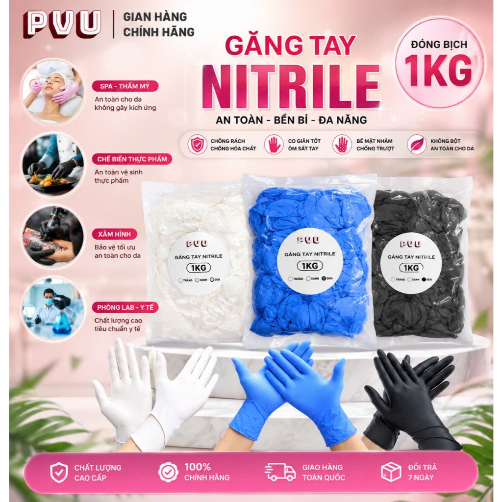 1kg găng tay Y tế nitrile Xanh,Trắng,Đen,Trong. Găng dầy Hàng Loại 1 Chuyên dùng trong phòng khám Spa , thẩm mĩ, nha kho
