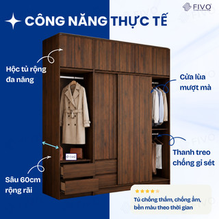 Tủ Gỗ Quần Áo Cửa Lùa Cao Cấp FC35 FIVO, Màu Walnut Dày 17mm, Kèm Ngăn Kéo Sâu 60cm, Freeship+Free lắp đặt, Trả Góp 0%