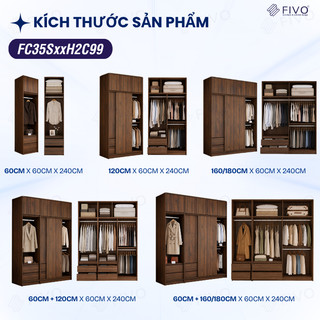 Tủ Gỗ Quần Áo Cửa Lùa Cao Cấp FC35 FIVO, Màu Walnut Dày 17mm, Kèm Ngăn Kéo Sâu 60cm, Freeship+Free lắp đặt, Trả Góp 0%