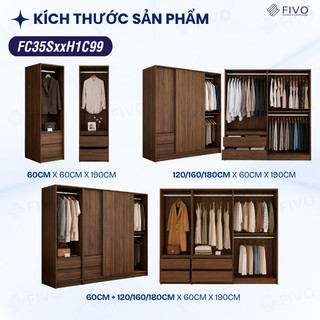 Tủ Gỗ Quần Áo Cửa Lùa Cao Cấp FC35 FIVO, Màu Walnut Dày 17mm, Kèm Ngăn Kéo Sâu 60cm, Freeship+Free lắp đặt, Trả Góp 0%