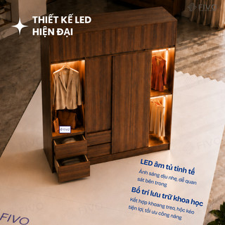 Tủ Gỗ Quần Áo Cửa Lùa Cao Cấp FC35 FIVO, Màu Walnut Dày 17mm, Kèm Ngăn Kéo Sâu 60cm, Freeship+Free lắp đặt, Trả Góp 0%
