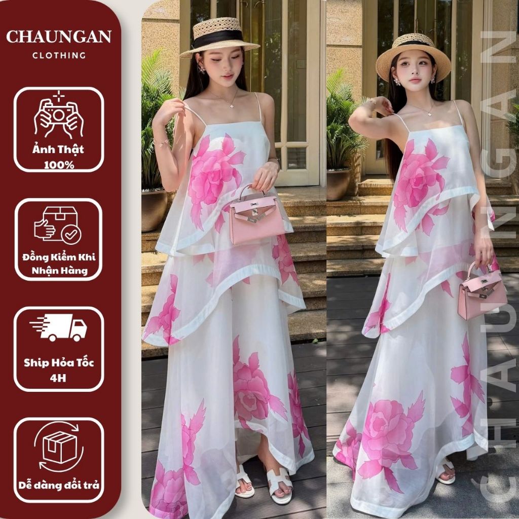 Đầm Maxi 2 Dây Hở Vai Họa Tiết Hoa Tầng Chuẩn CHOUCHOU Đầm Đi Biển Ngoài Trời Dáng Dài Xòe Tầng Cao Cấp