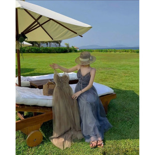 ĐẦM VÁY HAI DÂY DÁNG MAXI CHIẾT EO NỮ 2 MÀU NAU XANH LK1
