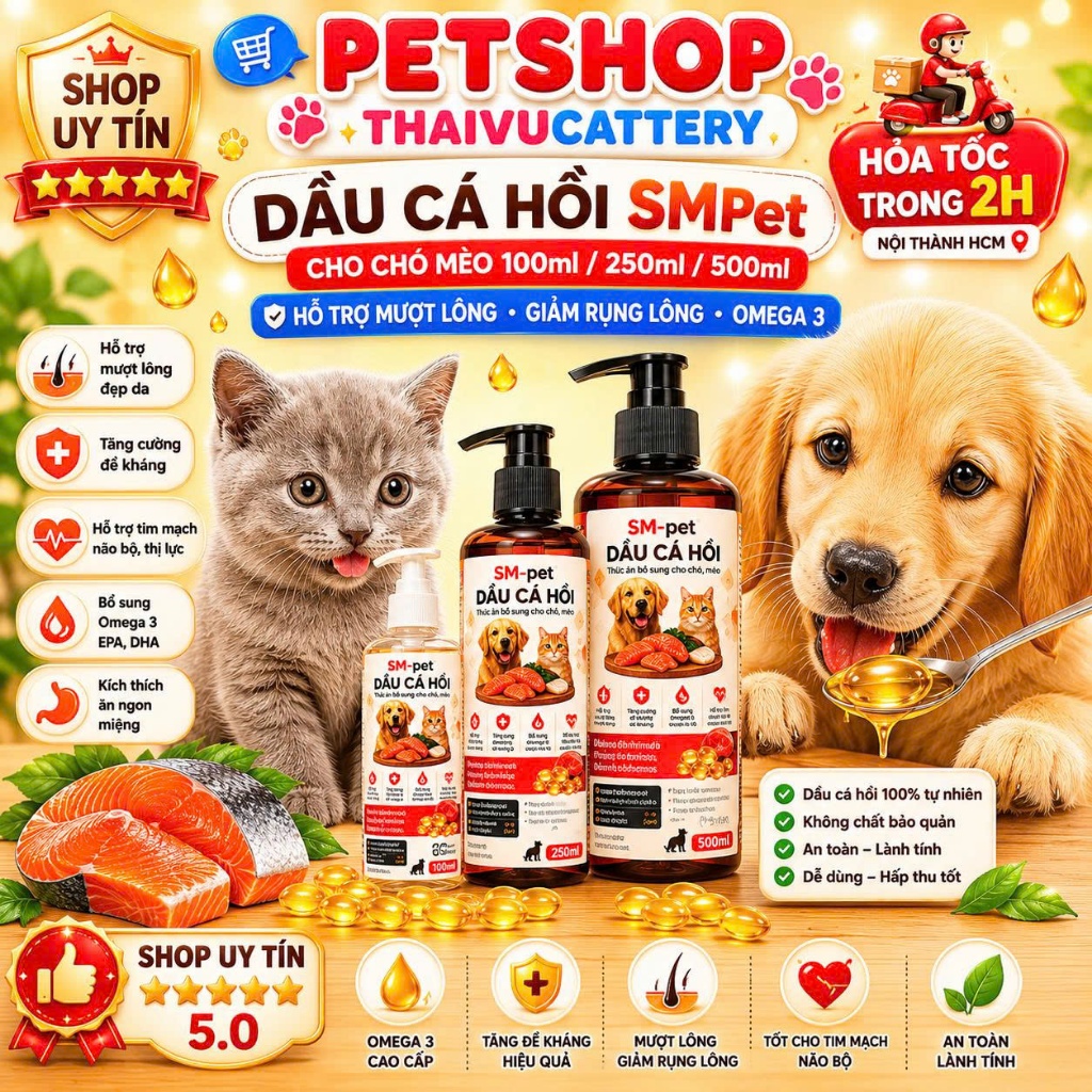 Dầu Cá Hồi SMPet Cho Chó Mèo 100ml/250ml/500ml Hỗ Trợ Mượt Lông Giảm Rụng Lông Omega 3