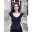 Áo Chấm Bi Cổ V Phối Ren Dáng Peplum, Áo Nữ Tay Cánh Tiên Chiết Eo Tôn Dáng Sang Chảnh Công Sở Đi Chơi