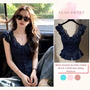 Áo Chấm Bi Cổ V Phối Ren Dáng Peplum, Áo Nữ Tay Cánh Tiên Chiết Eo Tôn Dáng Sang Chảnh Công Sở Đi Chơi