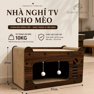 Nhà ngủ cho mèo kết hợp bàn cào móng đa năng màu gỗ nâu cổ điển