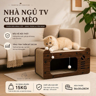 Nhà ngủ cho mèo kết hợp bàn cào móng đa năng màu gỗ nâu cổ điển