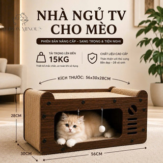 Nhà ngủ cho mèo kết hợp bàn cào móng đa năng màu gỗ nâu cổ điển