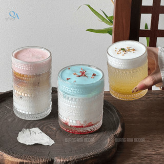SET 6 Ly Thủy Tinh Dáng Trụ Tròn Họa Tiết GIỌT NƯỚC Dập Nổi | Cốc Thủy Tinh Dày Dặn - DECOR Nhà Hàng
