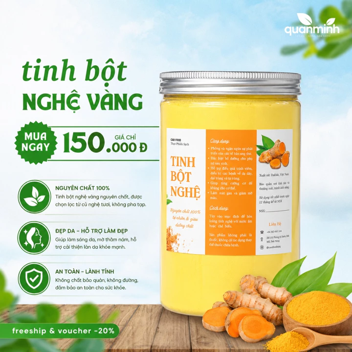 500gr Tinh bột nghệ CAO Food nguyên chất từ 100% nghệ sẻ già Đaklak dân trồng sạch tự nhiên