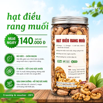 500gr Hạt điều rang muối size A cồ Bình Phước siêu dinh dưỡng, chỉ rang với 1% muối, hạt béo bùi, ăn kiêng-healthy-keto