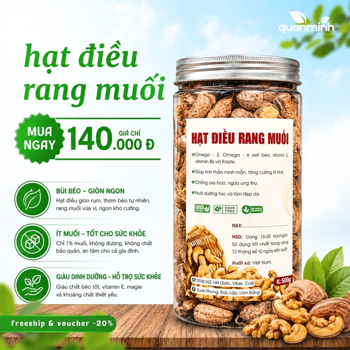 500gr Hạt điều rang muối size A cồ Bình Phước siêu dinh dưỡng, chỉ rang với 1% muối, hạt béo bùi, ăn kiêng-healthy-keto