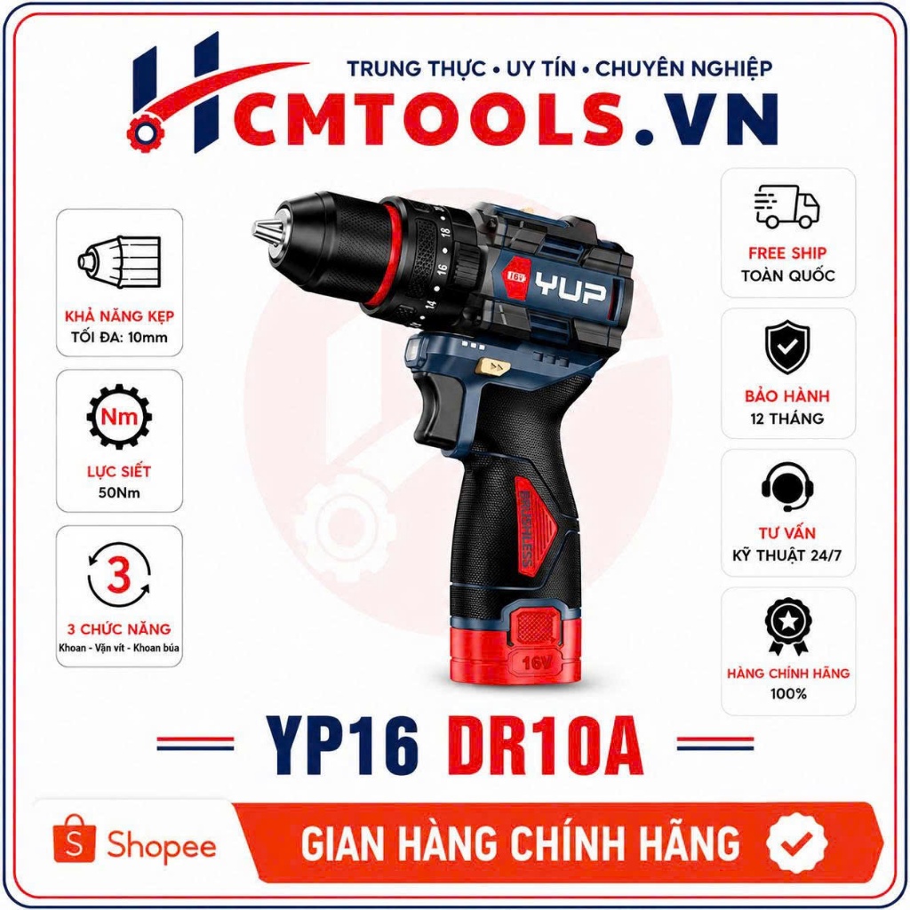 Máy Khoan Pin YUPAI YP16 DR10A 16V Đầu 10mm Không Chổi Than 3 Chức Năng Khoan Vít Búa