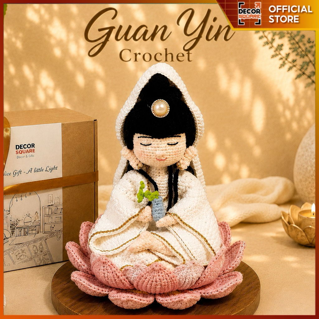 Tượng Quan Âm Bồ Tát Len Handmade Ngồi Thiền Decor Square – Trang Trí, Quà Tặng Bình An, May Mắn, Phong Thủy