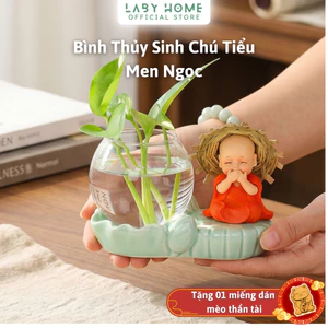 Combo Bình Thuỷ Canh Chú Tiểu Đội Nón Rơm Kèm Đế Tráng Men Cao Cấp, Lọ Thuỷ Sinh Chú Tiểu Tứ Không