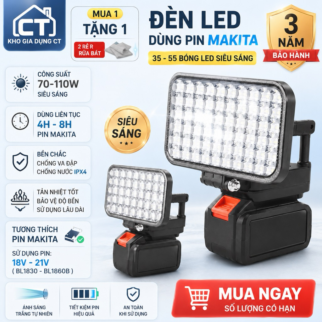 Đèn LED 2026 Siêu Sáng Sử Dụng Pin Makita 55 LED Với 2 Chế Độ Sáng, Có Cổng Sạc Điện Thoại USB