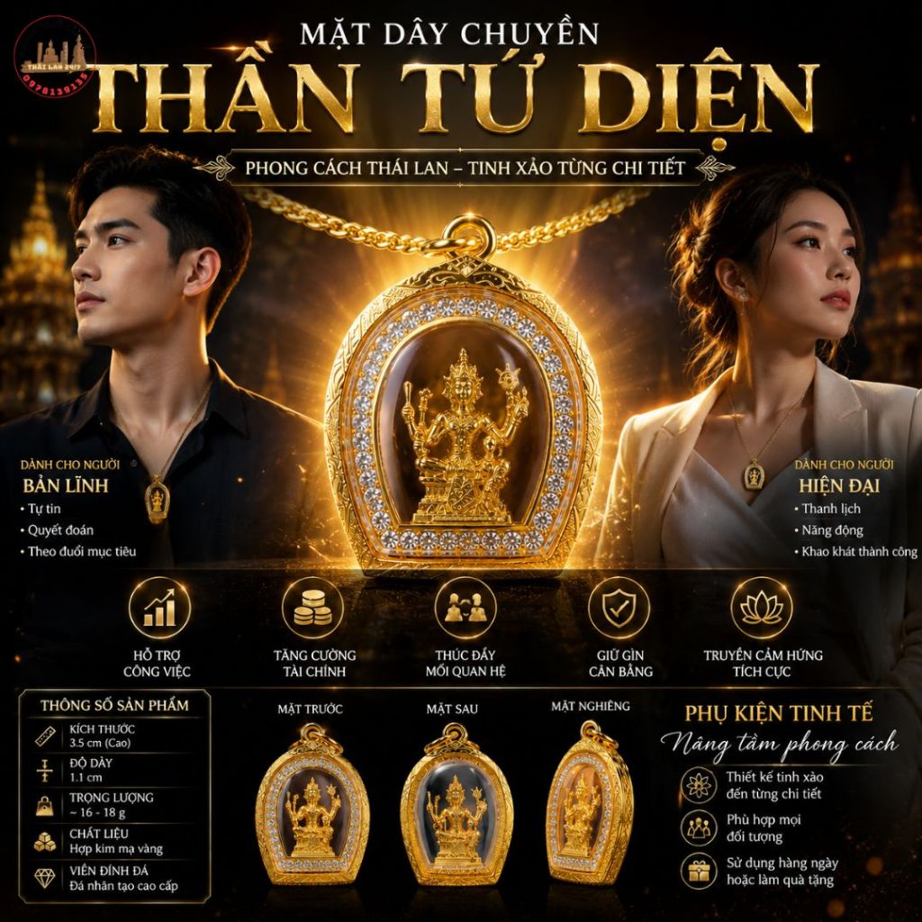 Mặt Dây Chuyền Tượng Bốn Mặt Đeo Người Vỏ Khung Vàng Đính Đá Lấp Lánh Bản Đẹp Thư Thái 3.5cm