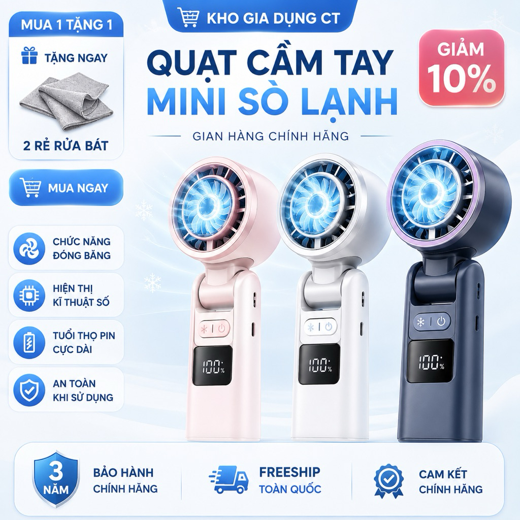 Quạt Cầm Tay Sò Lạnh K801, Màn Hình Kỹ Thuật Số Lạnh Sâu Nhanh, Pin 4000mAh,Đèn LED, Sạc Type-C 2026
