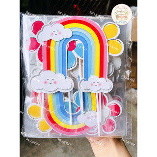 Bịch 10set giấy hình cắm Cầu Vồng sắc màu dễ thương, Trái Tim Happy Birth Day- trang trí bánh sinh nhật, bánh kem