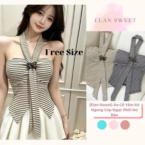 Áo Cổ Yếm Kẻ Ngang Cúp Ngực Phối Nơ Báo, Áo Kiểu Nữ Sát Nách Vạt Nhọn Peplum Sexy Ôm Body Đi Chơi Đi Biển