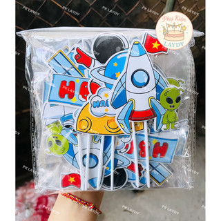 Bịch 10 Set giấy hình cắm phi hành gia mẫu mới, vũ trụ- phụ kiện trang trí bánh sinh nhật, bánh kem