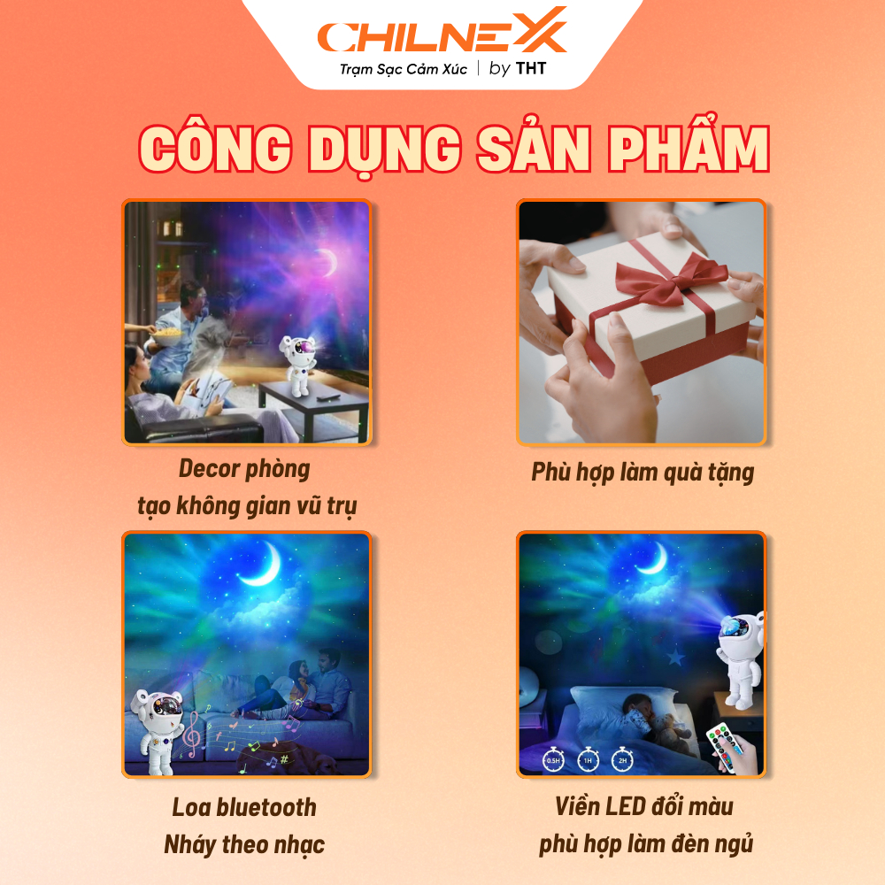 Đèn Phi Hành Gia V3 CHILNEXX Đèn trang trí có loa bluetooth đèn galaxy thiên hà chiếu trăng mây chiếu trần làm quà tặng