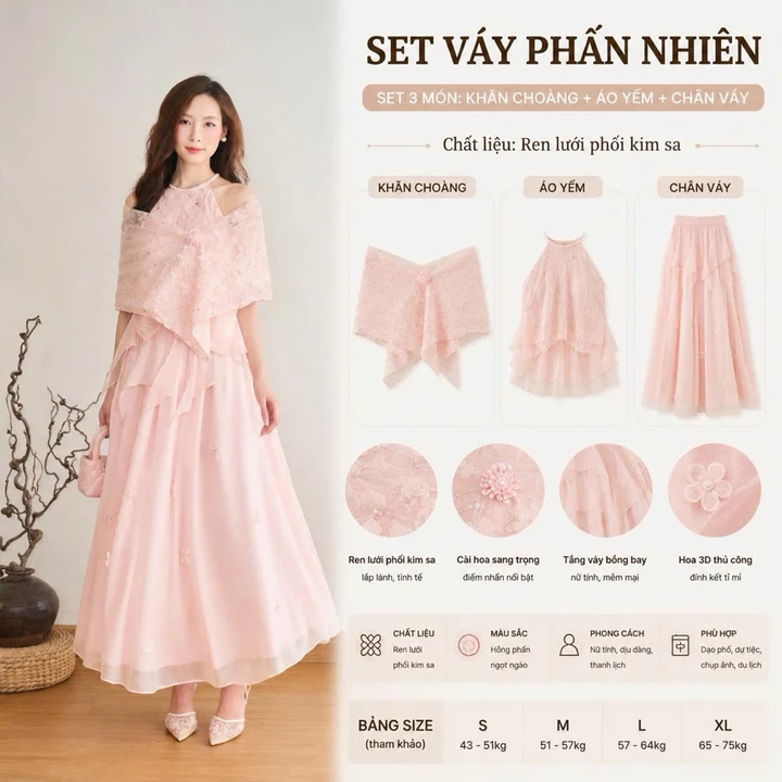 Set váy Phấn Nhiên thiết kế LA.NA DESIGN chất lưới ren đính kim sa phối tơ gồm yếm, áo khoác, váy phù hợp đi tiệc- SV502
