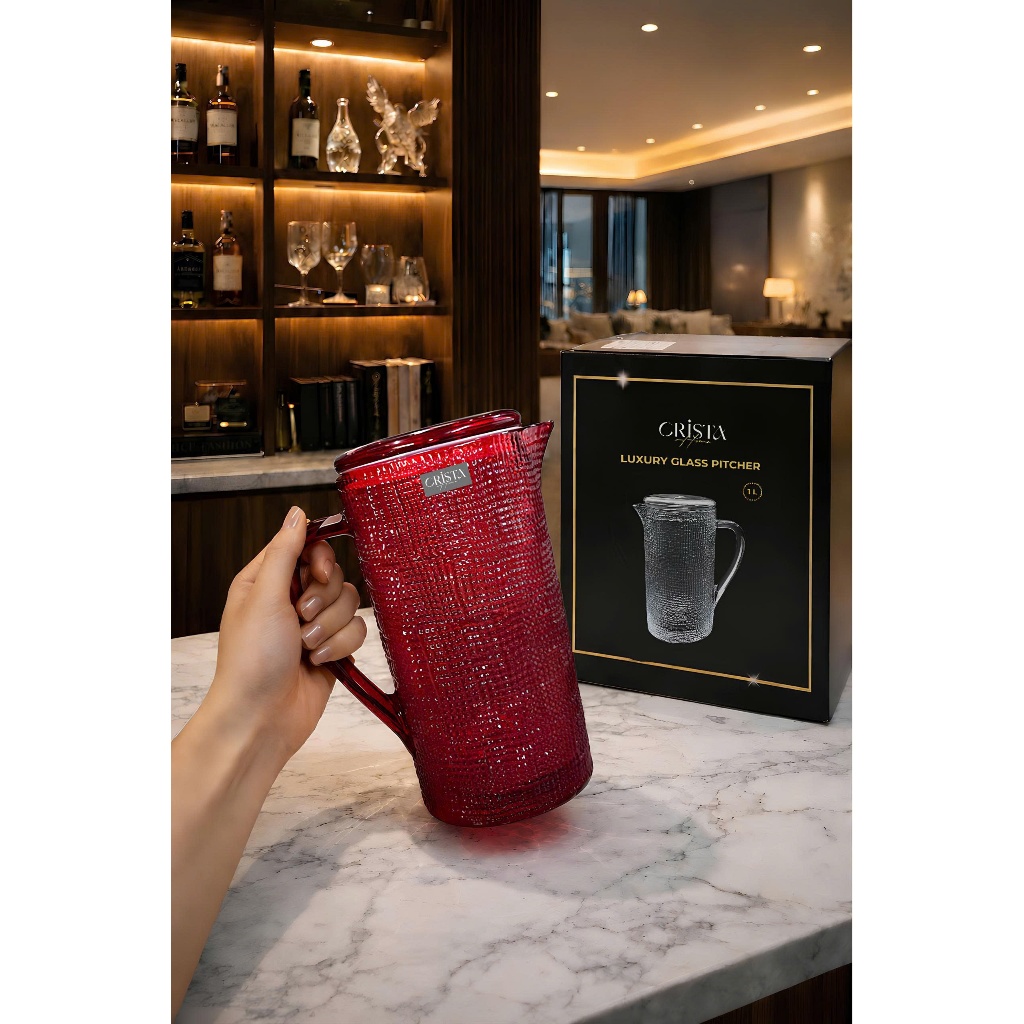 Bình Thủy Tinh Vân Lưới Dập Nổi CRISTA HOME 1L – Bình Đựng Nước Thủy Tinh Có Nắp Tre Cao Cấp