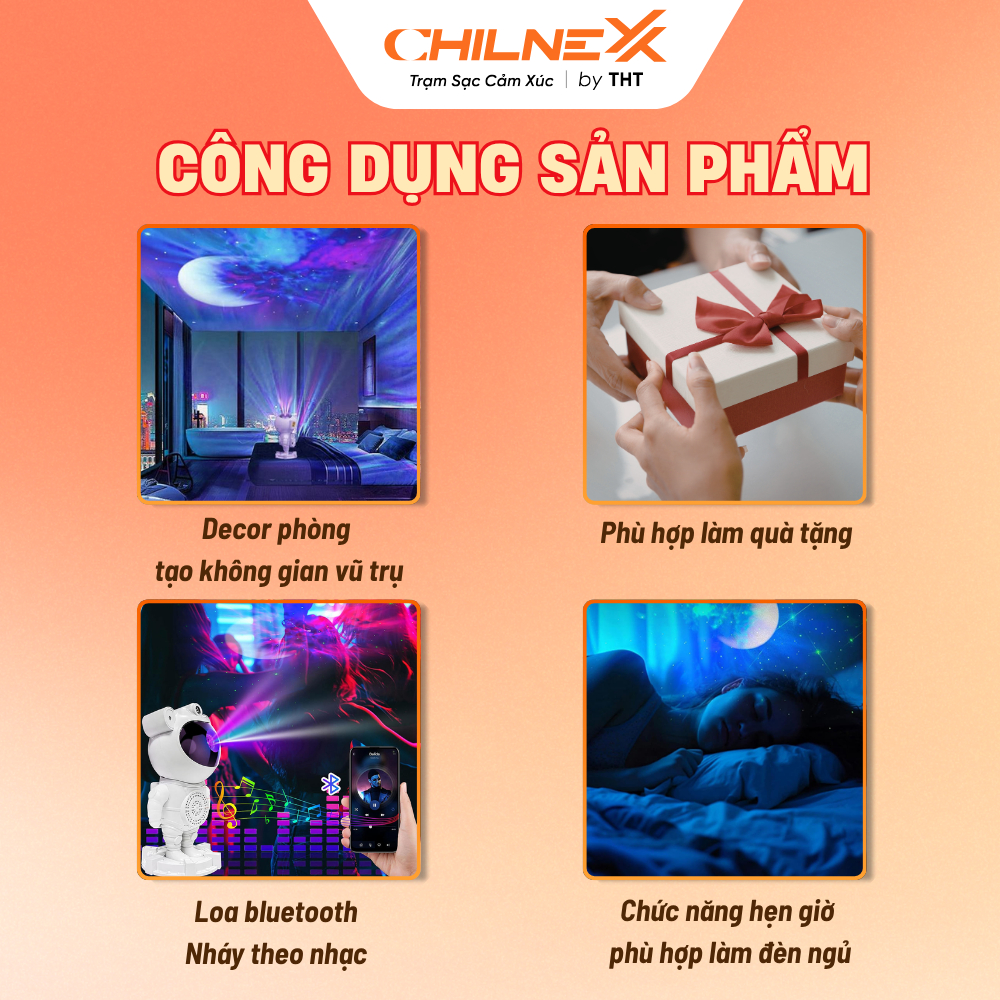 Đèn Led Phi Hành Gia V4 CHILNEXX Đèn trang trí có loa bluetooth nháy theo nhạc đèn galaxy chiếu trần làm đèn decor