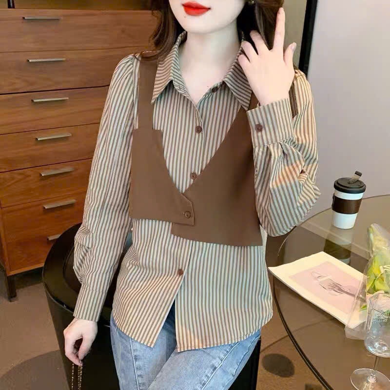 [Élan Sweet] Áo Sơ Mi Kẻ Dài Tay Phối Gile Croptop, Áo Nữ Phối Layer Phong Cách Hàn Quốc Thanh Lịch Công Sở Đi Chơi