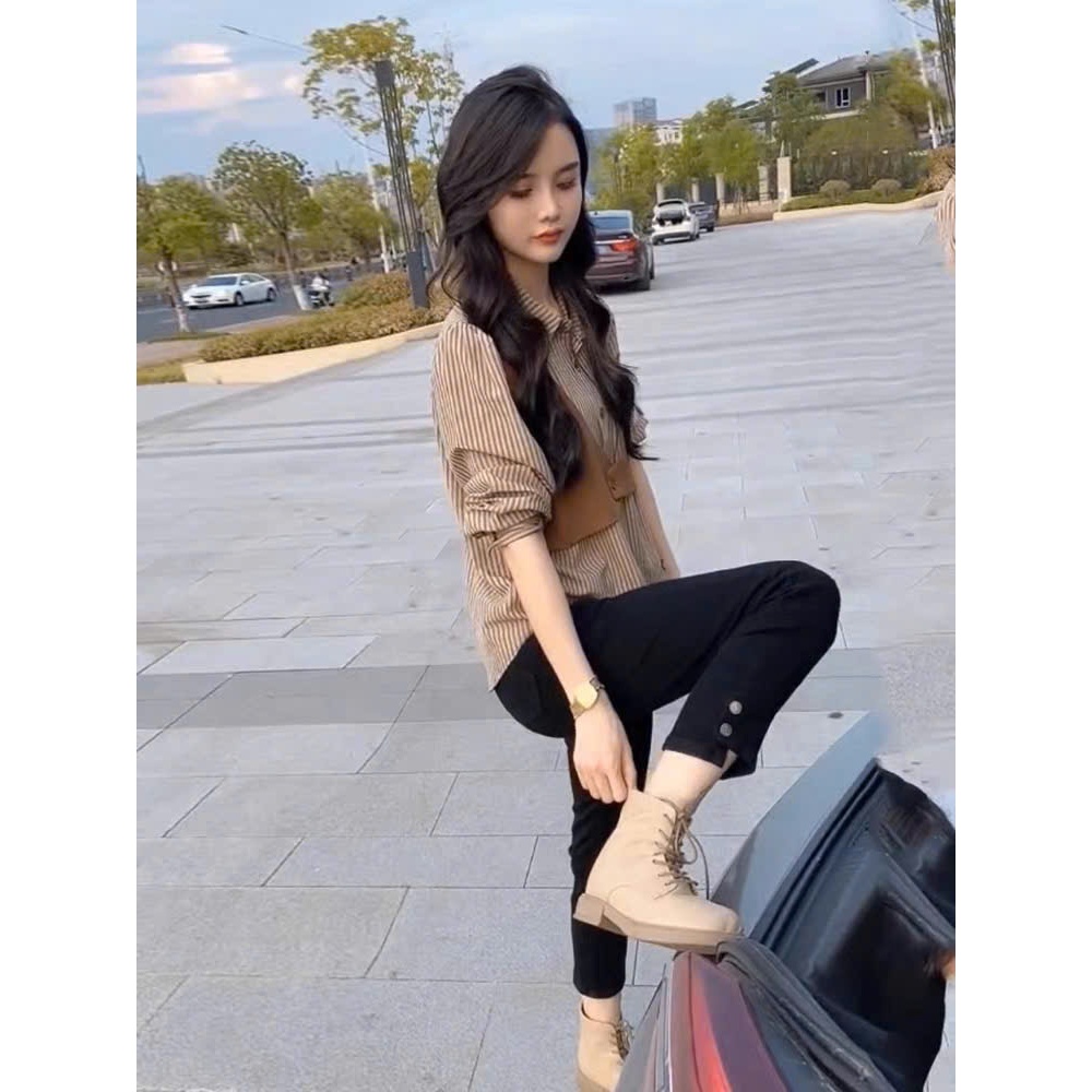 [Élan Sweet] Áo Sơ Mi Kẻ Dài Tay Phối Gile Croptop, Áo Nữ Phối Layer Phong Cách Hàn Quốc Thanh Lịch Công Sở Đi Chơi