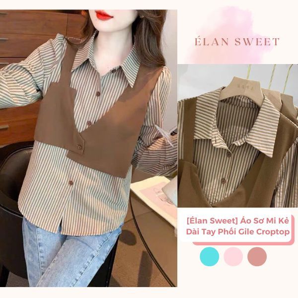 [Élan Sweet] Áo Sơ Mi Kẻ Dài Tay Phối Gile Croptop, Áo Nữ Phối Layer Phong Cách Hàn Quốc Thanh Lịch Công Sở Đi Chơi