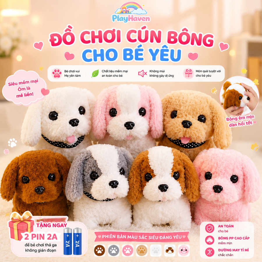 Chó bông biết đi biết sủa vẫy đuôi kêu gâu gâu, cún bông đồ chơi cho bé tặng kèm pin