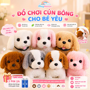 Chó bông biết đi biết sủa vẫy đuôi kêu gâu gâu, cún bông đồ chơi cho bé tặng kèm pin