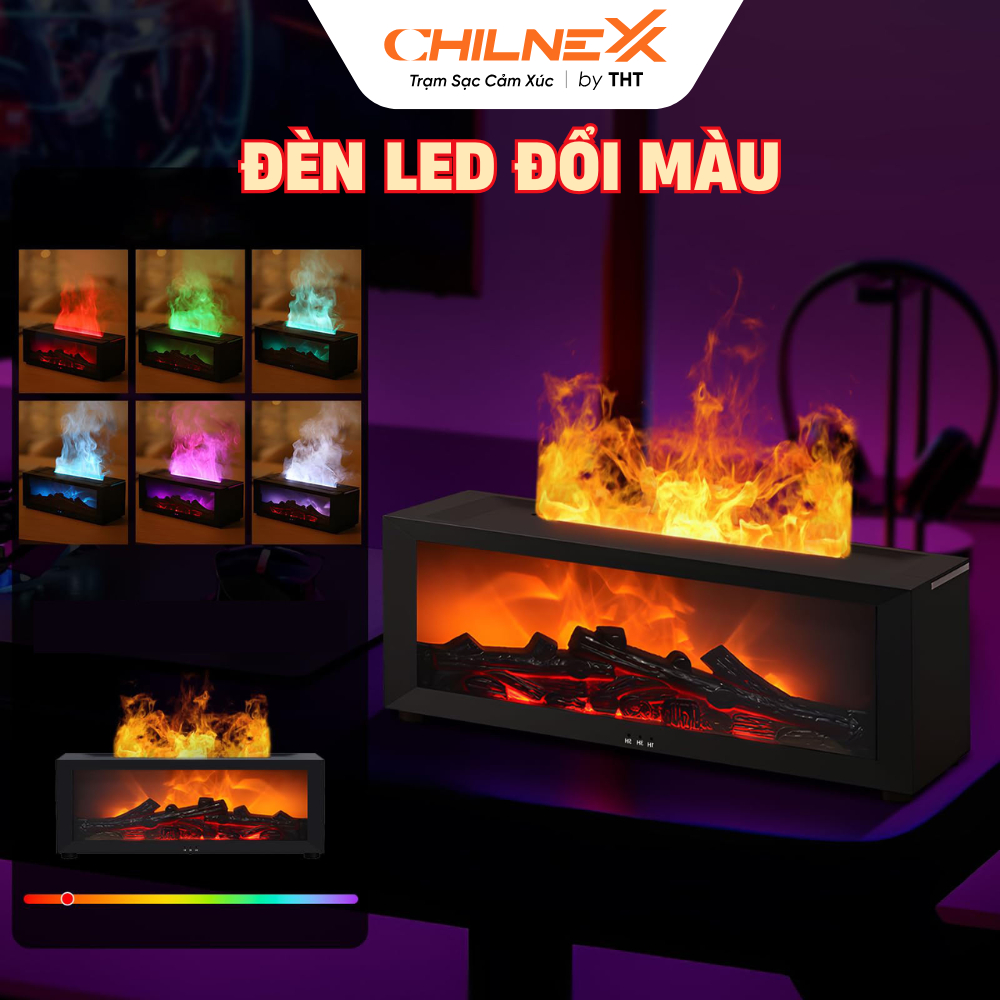 Đèn xông tinh dầu ngọn lửa A1 CHILNEXX  hình củi đốt giúp thư giãn trang trí bàn làm việc đổi màu đèn LED xông phong