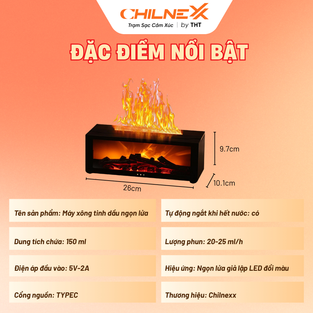 Đèn xông tinh dầu ngọn lửa A1 CHILNEXX  hình củi đốt giúp thư giãn trang trí bàn làm việc đổi màu đèn LED xông phong