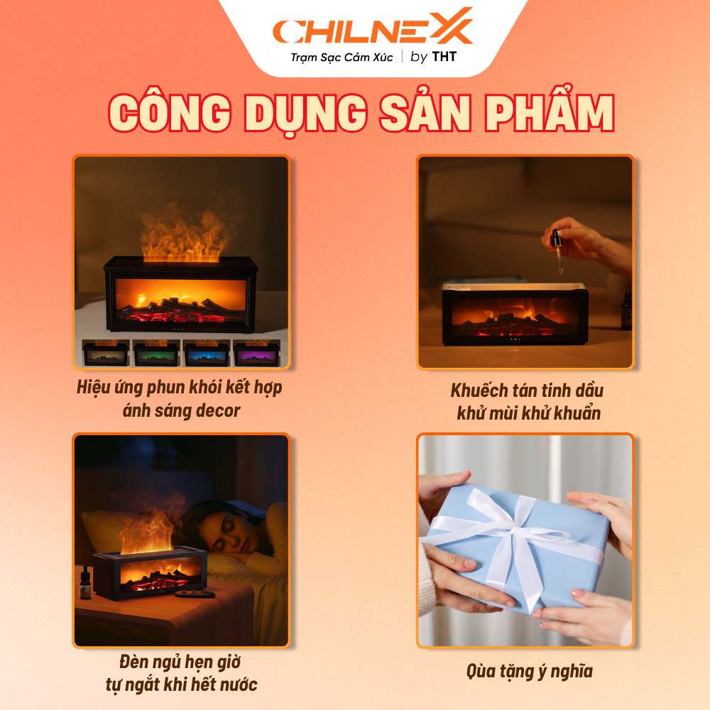 Đèn xông tinh dầu ngọn lửa A1 CHILNEXX  hình củi đốt giúp thư giãn trang trí bàn làm việc đổi màu đèn LED xông phong