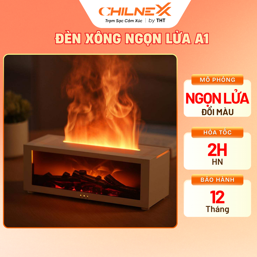 Đèn xông tinh dầu ngọn lửa A1 CHILNEXX  hình củi đốt giúp thư giãn trang trí bàn làm việc đổi màu đèn LED xông phong