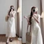 Váy maxi hoa nhí nơ ngực chun sau xẻ tả dáng dài tiểu thư phong cách Hàn Quốc siêu xinh
