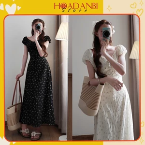 Váy maxi hoa nhí nơ ngực chun sau xẻ tả dáng dài tiểu thư phong cách Hàn Quốc siêu xinh