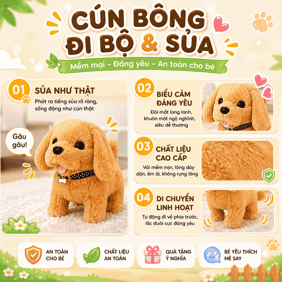Chó bông biết đi biết sủa vẫy đuôi kêu gâu gâu, cún bông đồ chơi cho bé tặng kèm pin
