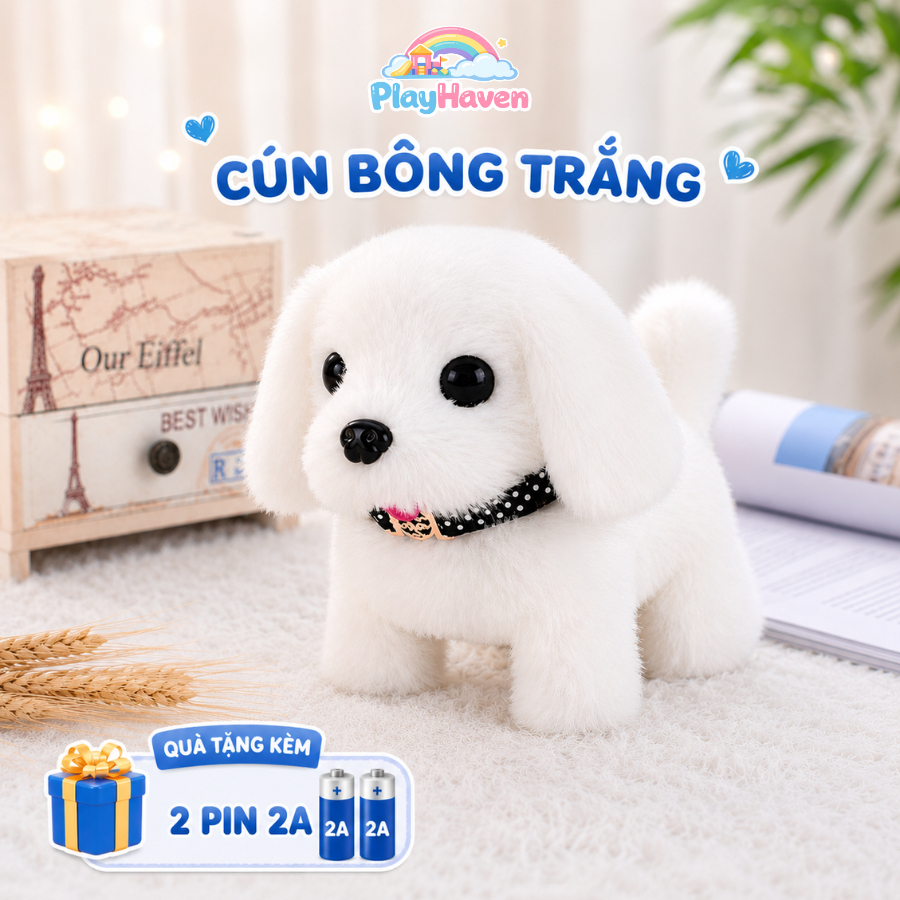Chó bông biết đi biết sủa vẫy đuôi kêu gâu gâu, cún bông đồ chơi cho bé tặng kèm pin