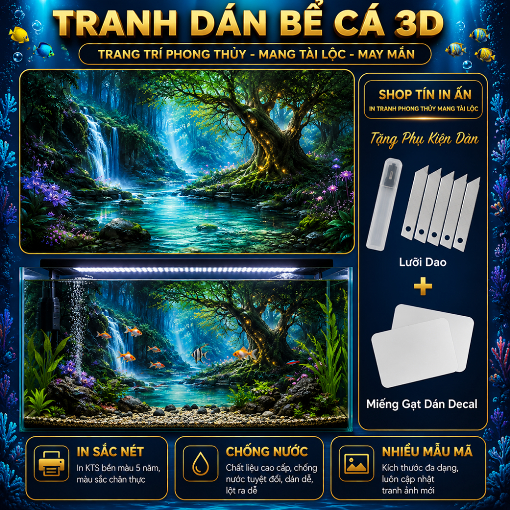 Decal tranh dán hồ cá 3D Kho In Ấn HC53 chống nước, In KTS dán dễ, gỡ dễ, có keo sẵn, nhiều kích cỡ