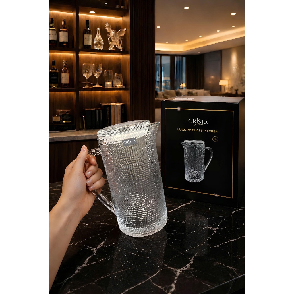 Bình Thủy Tinh Vân Lưới Dập Nổi CRISTA HOME 1L – Bình Đựng Nước Thủy Tinh Có Nắp Tre Cao Cấp