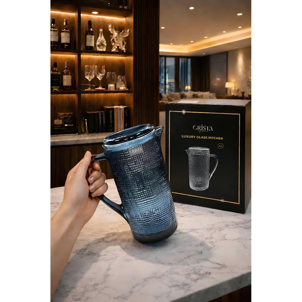 Bình Thủy Tinh Vân Lưới Dập Nổi CRISTA HOME 1L – Bình Đựng Nước Thủy Tinh Có Nắp Tre Cao Cấp