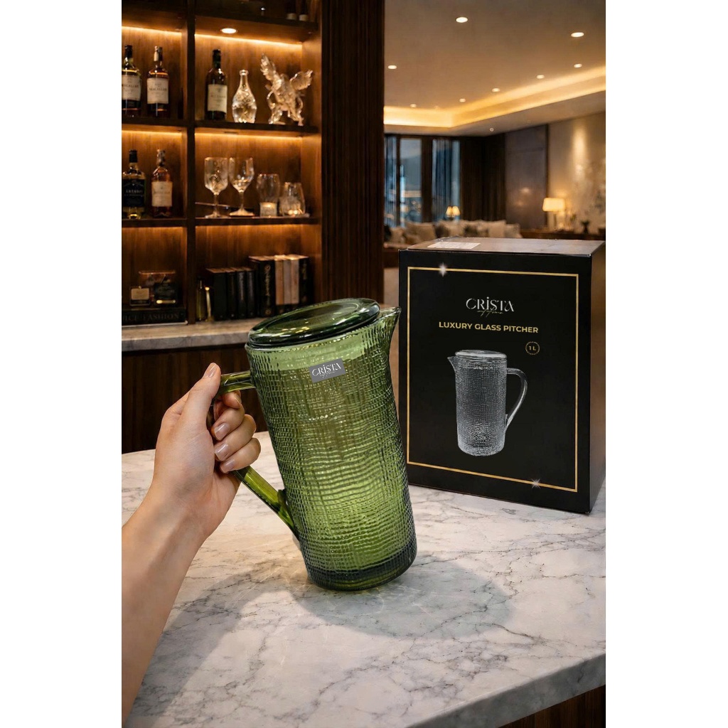 Bình Thủy Tinh Vân Lưới Dập Nổi CRISTA HOME 1L – Bình Đựng Nước Thủy Tinh Có Nắp Tre Cao Cấp