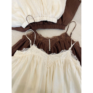 SEP House - Set thô đũi áo dáng babydoll 2s đính ngọc viền ren phối chân váy xoè kem nâu nữ tính - Hàng loại 1