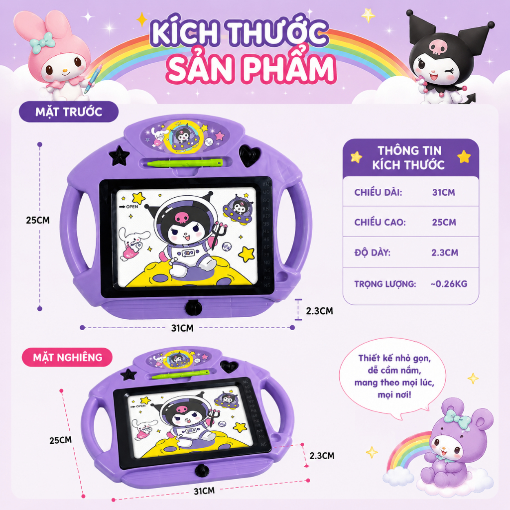 Bảng Vẽ Từ Tính Cho Bé Kuromi My Melody – Bảng Viết Xóa Tự Động Kèm Bút Từ