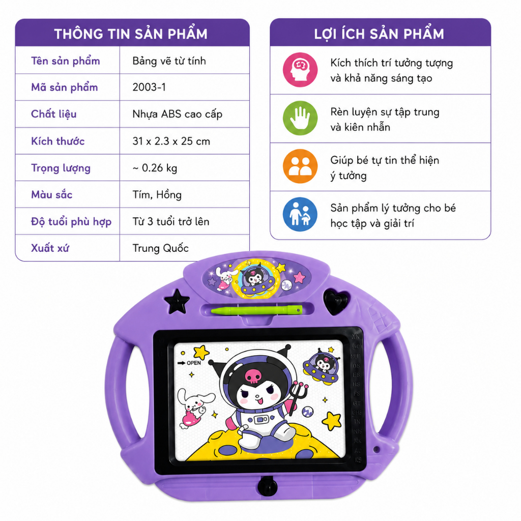 Bảng Vẽ Từ Tính Cho Bé Kuromi My Melody – Bảng Viết Xóa Tự Động Kèm Bút Từ